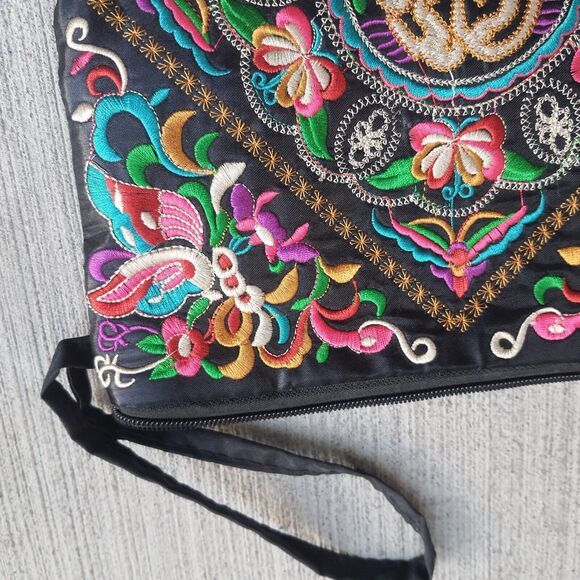 Mexican Colorful Embroidered 10x6 Small Wristlet Bag Sectioned Purse Clutch - Picture 4 of 10